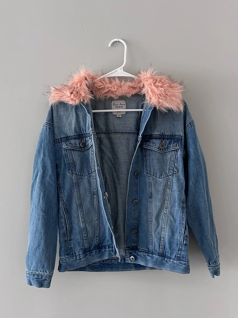 Denim Jacket with Detachable Pink Faux Fur Hood Trim